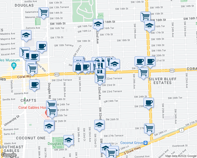 map of restaurants, bars, coffee shops, grocery stores, and more near 3240 Southwest 22nd Terrace in Miami