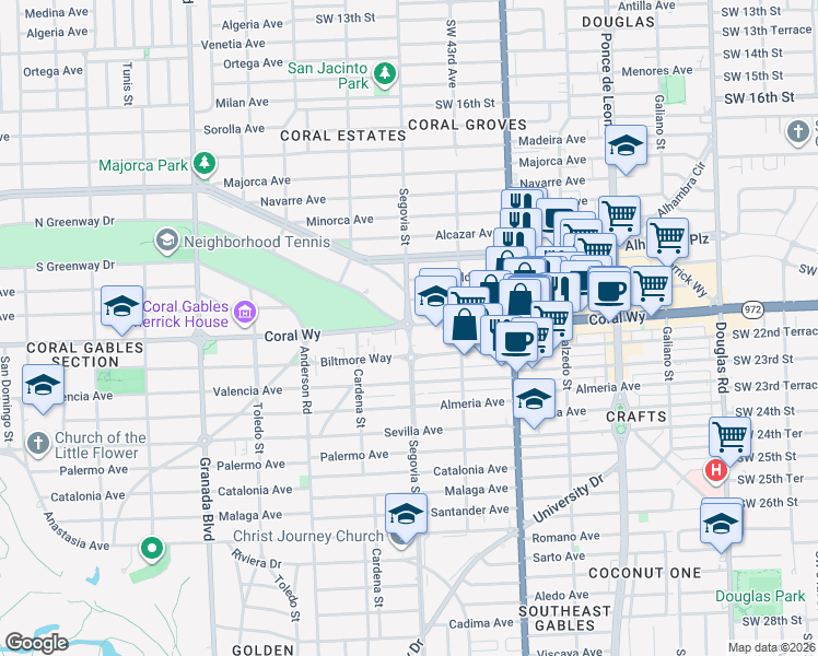 map of restaurants, bars, coffee shops, grocery stores, and more near 659 Coral Way in Coral Gables