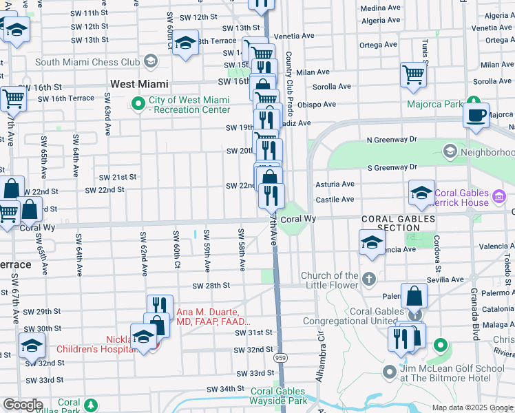 map of restaurants, bars, coffee shops, grocery stores, and more near 2321 Southwest 58th Avenue in Miami
