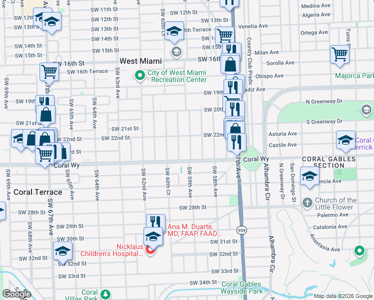 map of restaurants, bars, coffee shops, grocery stores, and more near 2325 Southwest 60th Avenue in Miami