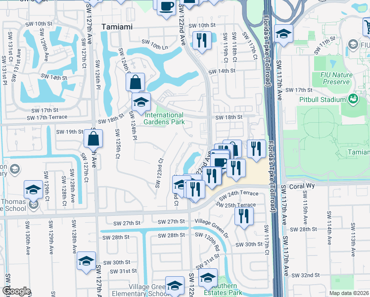 map of restaurants, bars, coffee shops, grocery stores, and more near 2150 Southwest 122nd Court in Miami