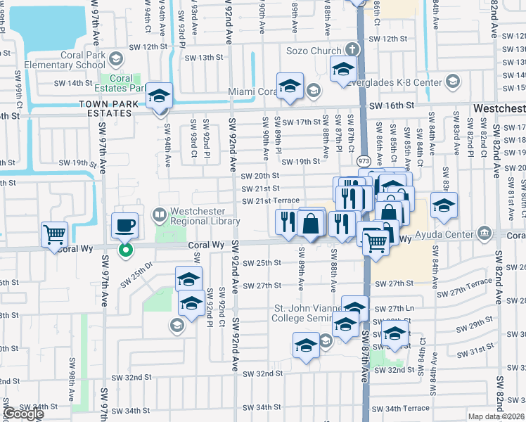 map of restaurants, bars, coffee shops, grocery stores, and more near 2225 Southwest 90th Avenue in Miami