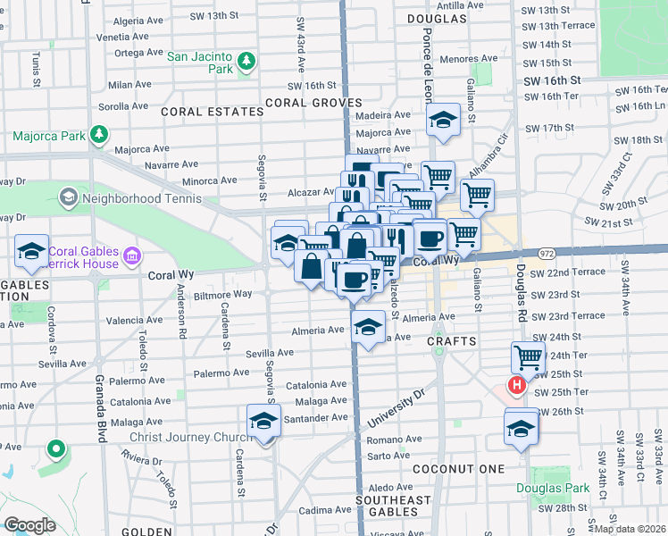 map of restaurants, bars, coffee shops, grocery stores, and more near 405 Biltmore Way in Coral Gables