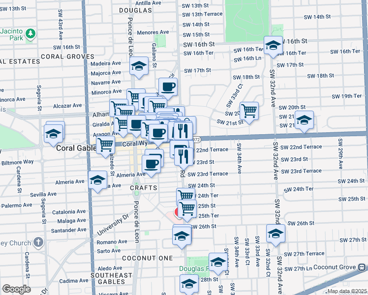 map of restaurants, bars, coffee shops, grocery stores, and more near 2283 Southwest 37th Avenue in Miami
