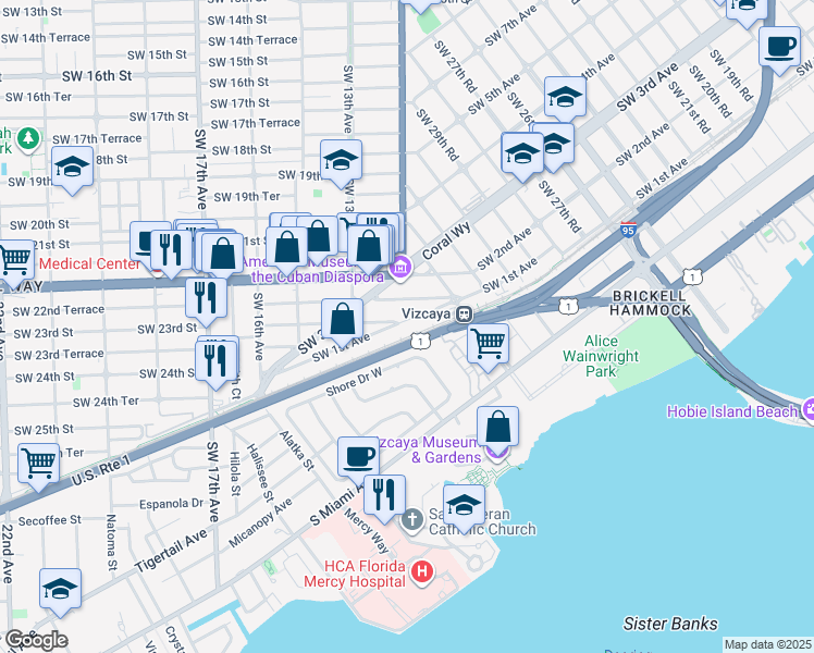map of restaurants, bars, coffee shops, grocery stores, and more near 3377 Southwest 1st Avenue in Miami