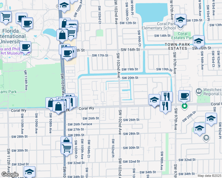 map of restaurants, bars, coffee shops, grocery stores, and more near 10220 Southwest 21st Terrace in Miami