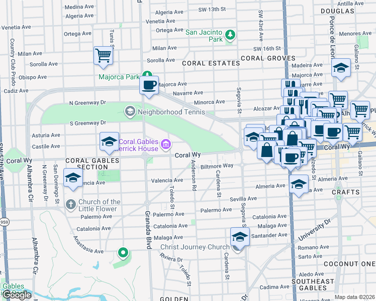 map of restaurants, bars, coffee shops, grocery stores, and more near 803 Coral Way in Coral Gables
