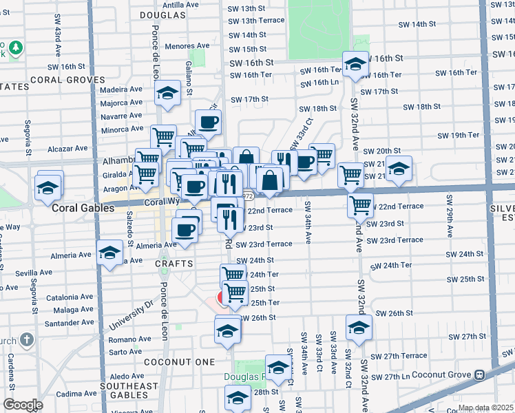 map of restaurants, bars, coffee shops, grocery stores, and more near 3622 Coral Way in Miami