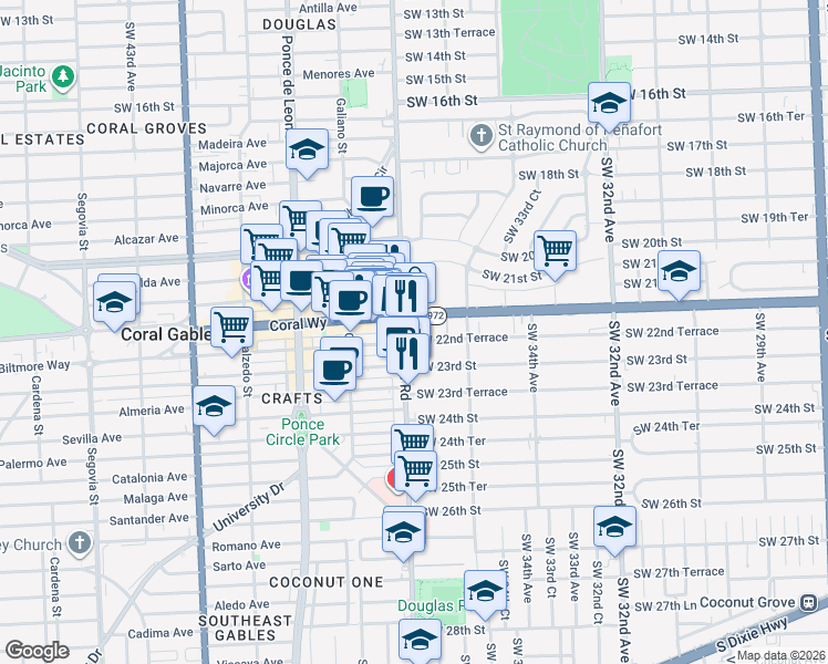 map of restaurants, bars, coffee shops, grocery stores, and more near 2442 Southwest 37th Avenue in Miami