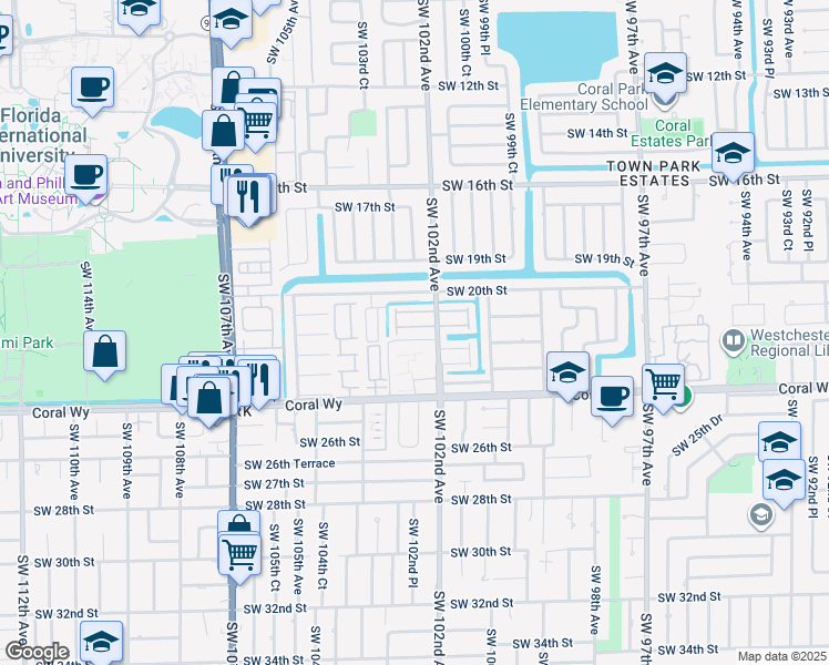 map of restaurants, bars, coffee shops, grocery stores, and more near 10220 Southwest 21st Terrace in Miami