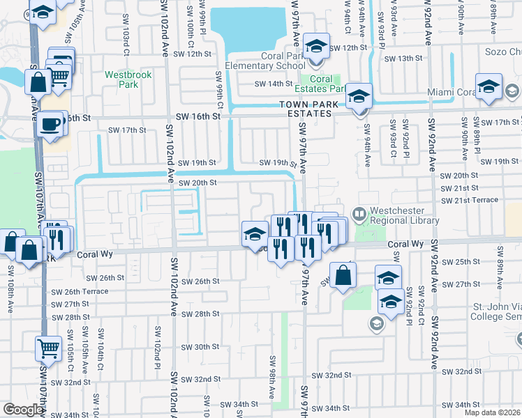 map of restaurants, bars, coffee shops, grocery stores, and more near 2162 Southwest 98th Place in Miami