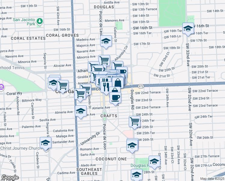 map of restaurants, bars, coffee shops, grocery stores, and more near 136 Miracle Mile in Coral Gables