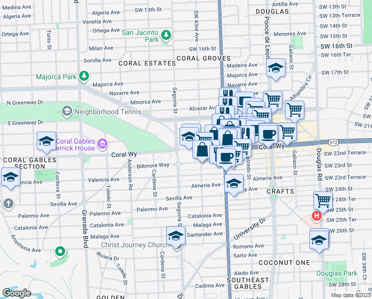 map of restaurants, bars, coffee shops, grocery stores, and more near 659 Coral Way in Coral Gables
