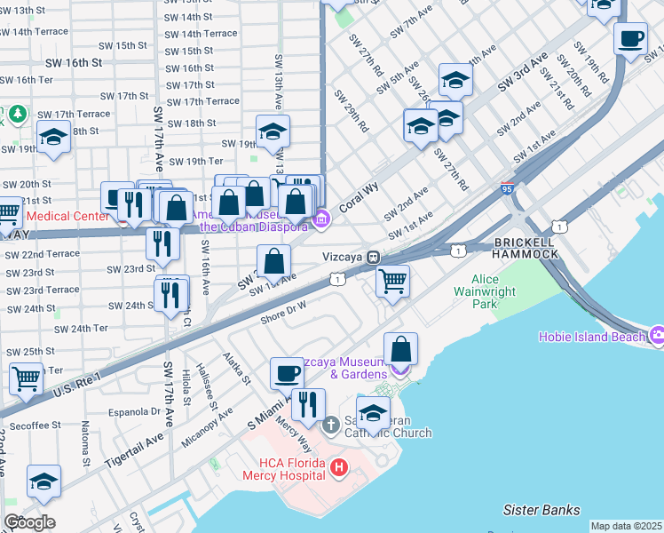 map of restaurants, bars, coffee shops, grocery stores, and more near 3377 Southwest 1st Avenue in Miami