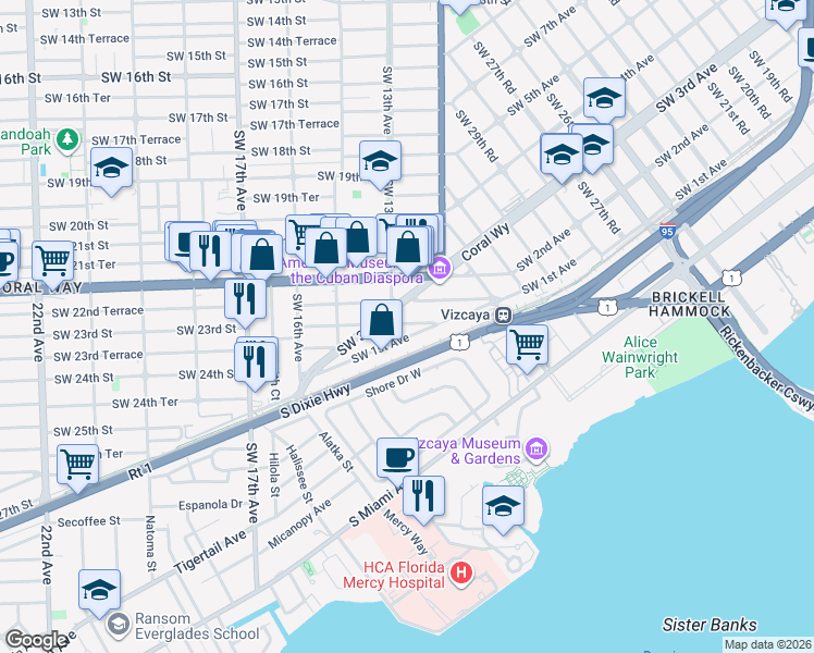 map of restaurants, bars, coffee shops, grocery stores, and more near 3460 Southwest 1st Avenue in Miami