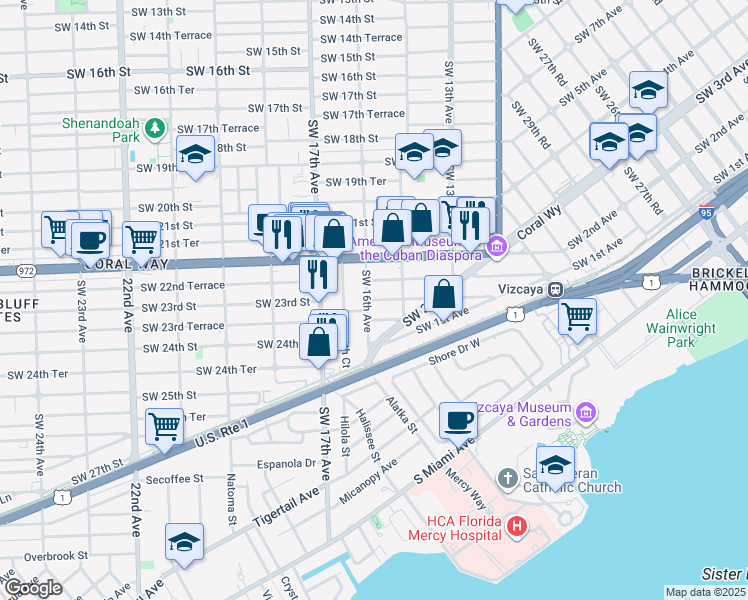 map of restaurants, bars, coffee shops, grocery stores, and more near 2288 Southwest 16th Avenue in Miami