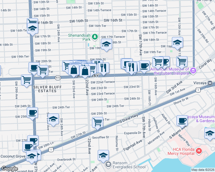 map of restaurants, bars, coffee shops, grocery stores, and more near 2018 Southwest 23rd Street in Miami