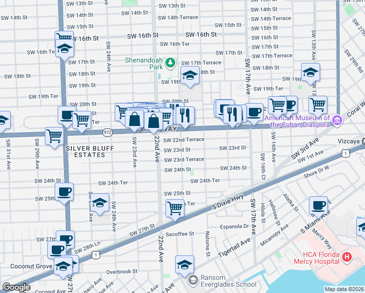 map of restaurants, bars, coffee shops, grocery stores, and more near 2018 Southwest 23rd Street in Miami
