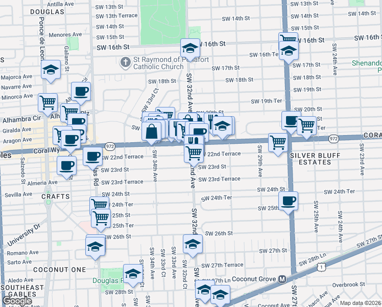 map of restaurants, bars, coffee shops, grocery stores, and more near 3240 Southwest 22nd Terrace in Miami