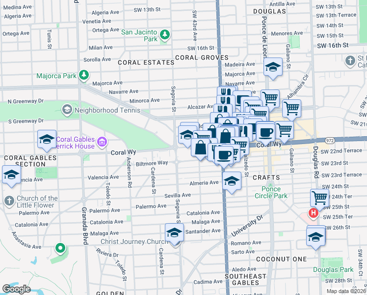 map of restaurants, bars, coffee shops, grocery stores, and more near 659 Coral Way in Coral Gables