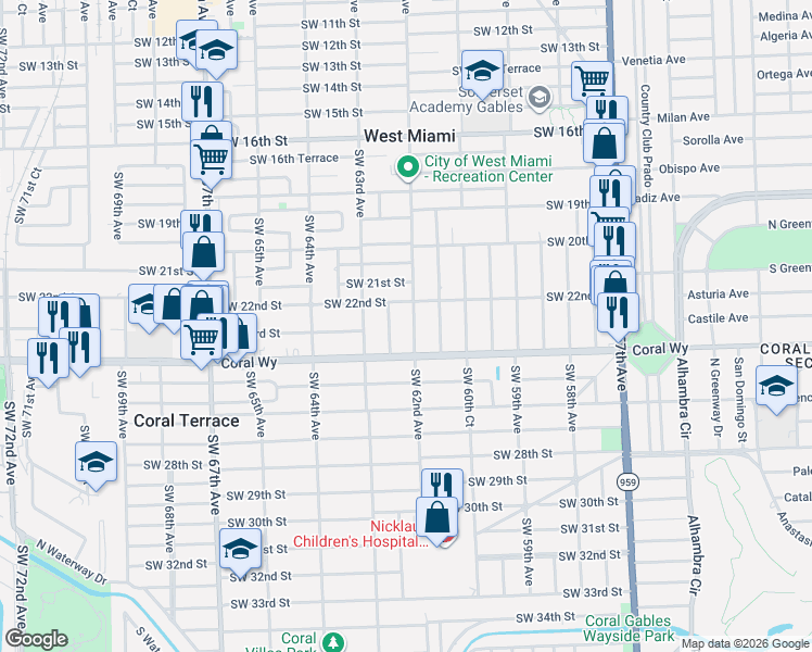 map of restaurants, bars, coffee shops, grocery stores, and more near 2306 Southwest 62nd Court in Miami