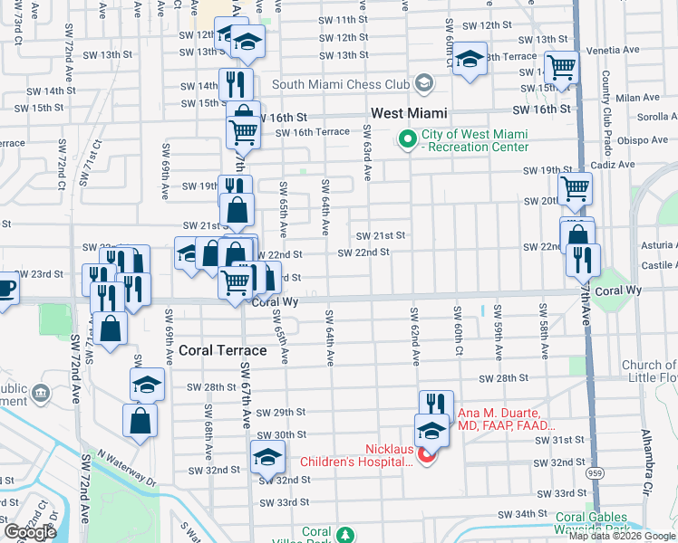 map of restaurants, bars, coffee shops, grocery stores, and more near 6371 Southwest 23rd Street in Miami