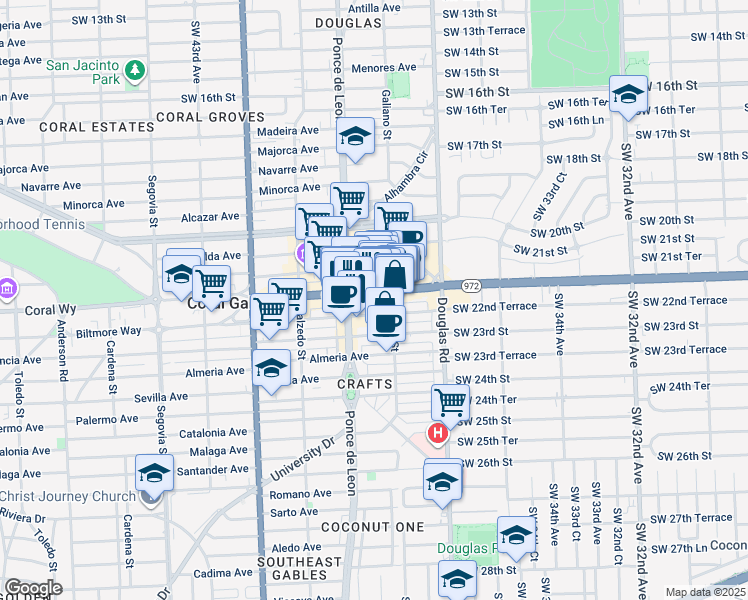 map of restaurants, bars, coffee shops, grocery stores, and more near 136 Miracle Mile in Coral Gables