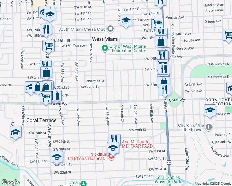 map of restaurants, bars, coffee shops, grocery stores, and more near 2308 Southwest 60th Court in Miami