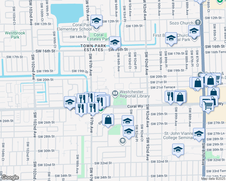 map of restaurants, bars, coffee shops, grocery stores, and more near 2140 Southwest 94th Court in Miami