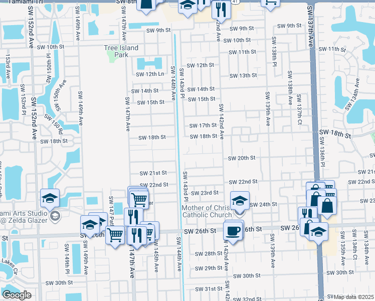 map of restaurants, bars, coffee shops, grocery stores, and more near 14280 Southwest 19 Way in Miami
