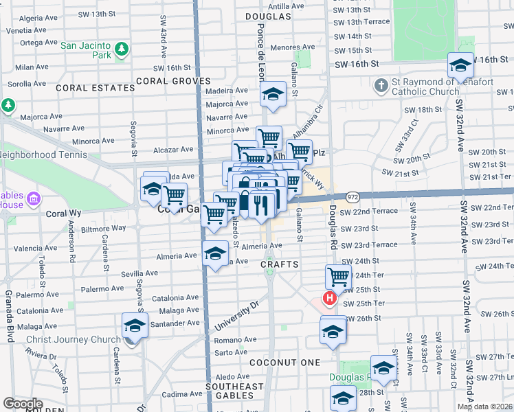 map of restaurants, bars, coffee shops, grocery stores, and more near 2418-20 Ponce de Leon Boulevard in Coral Gables