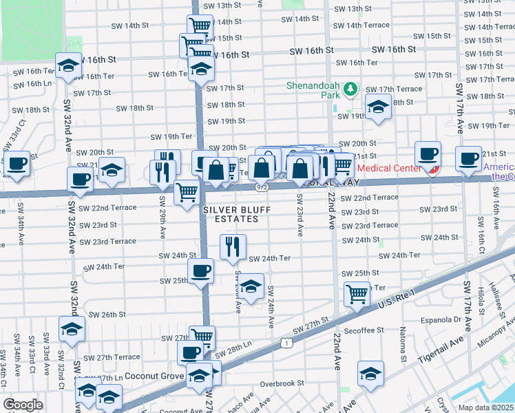 map of restaurants, bars, coffee shops, grocery stores, and more near 2441 Southwest 23rd Street in Miami