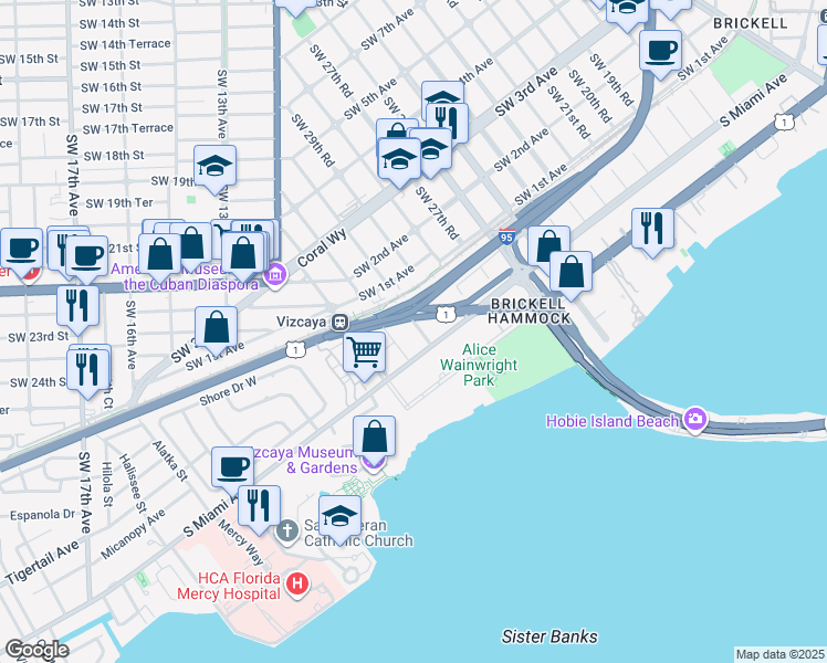 map of restaurants, bars, coffee shops, grocery stores, and more near 25 Southwest 31st Road in Miami