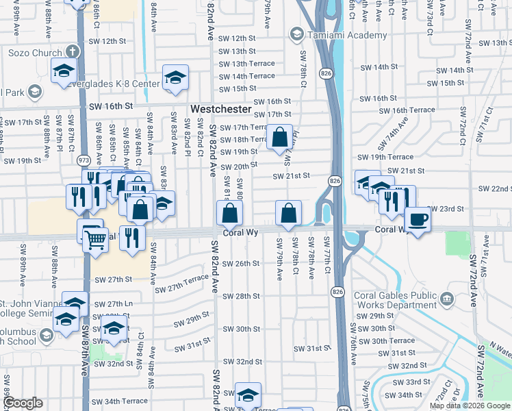 map of restaurants, bars, coffee shops, grocery stores, and more near 7950 Southwest 22nd Street in Miami