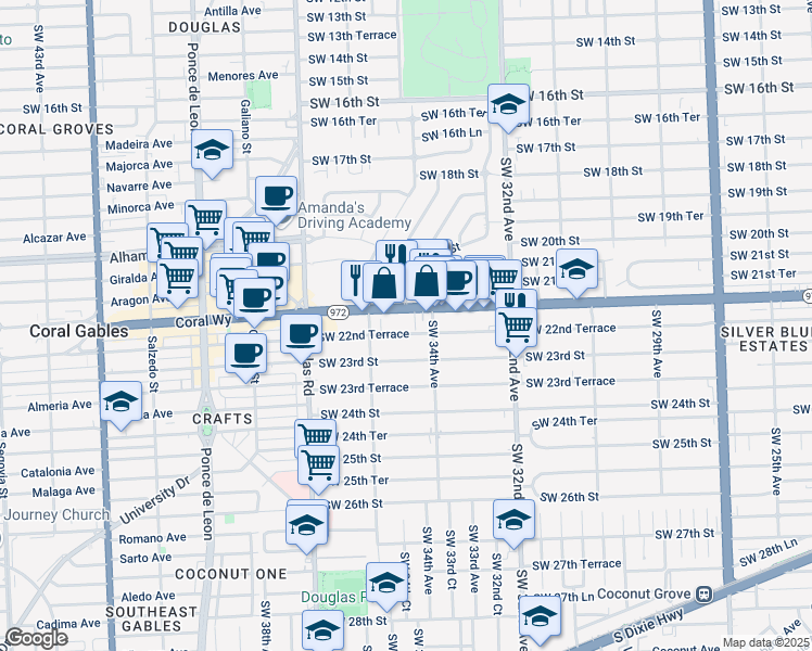 map of restaurants, bars, coffee shops, grocery stores, and more near 3416 Southwest 22nd Terrace in Miami