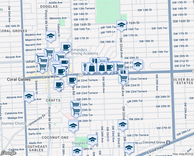 map of restaurants, bars, coffee shops, grocery stores, and more near 3500 Coral Way in Miami