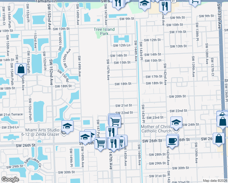 map of restaurants, bars, coffee shops, grocery stores, and more near 14600 Southwest 19th Street in Miami