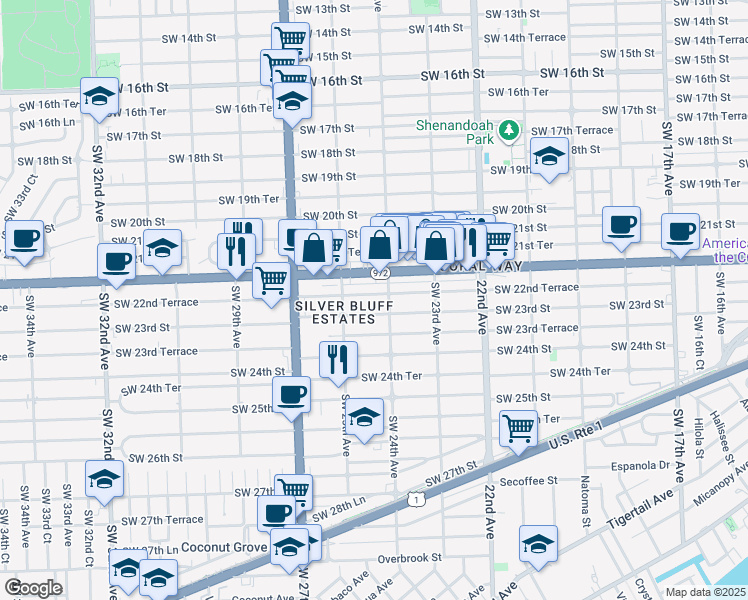 map of restaurants, bars, coffee shops, grocery stores, and more near 2441 Southwest 23rd Street in Miami