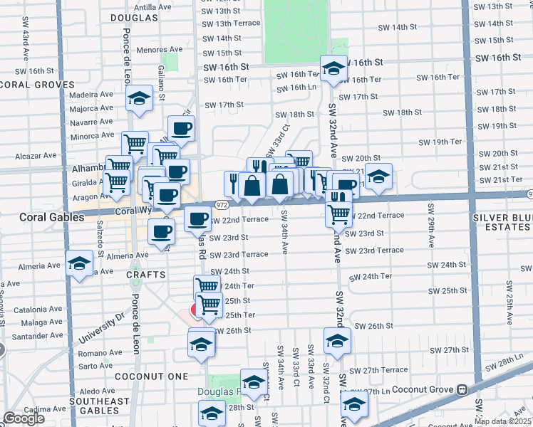 map of restaurants, bars, coffee shops, grocery stores, and more near 3416 Southwest 22nd Terrace in Miami