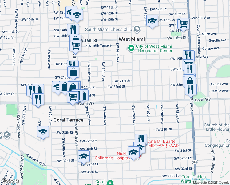 map of restaurants, bars, coffee shops, grocery stores, and more near 6326 Southwest 23rd Street in Miami