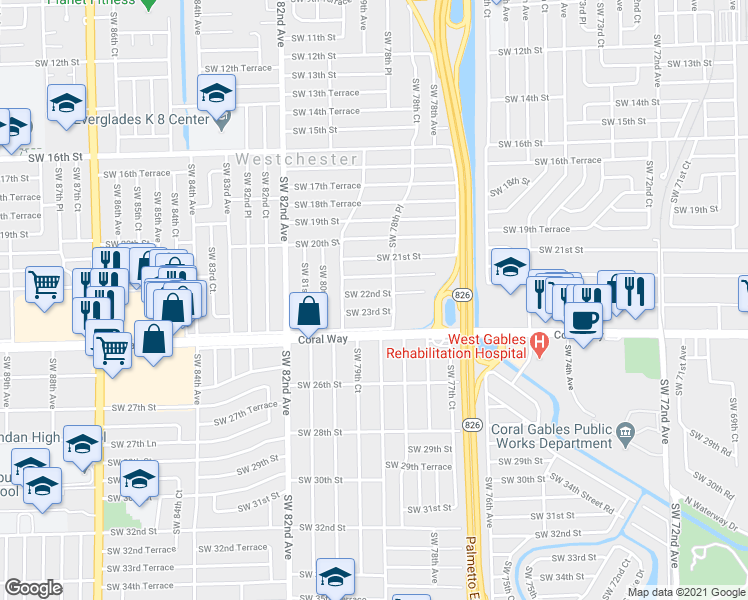 map of restaurants, bars, coffee shops, grocery stores, and more near 7855 Southwest 23rd Street in Miami