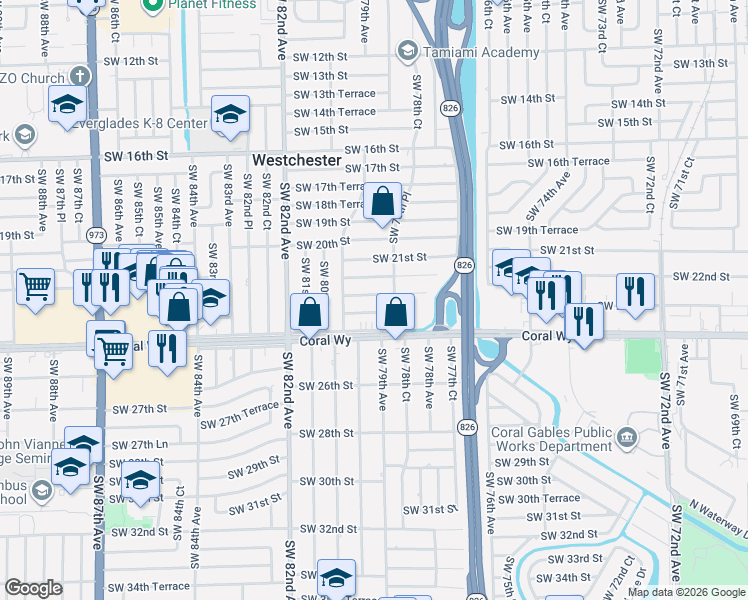 map of restaurants, bars, coffee shops, grocery stores, and more near 7855 Southwest 23rd Street in Miami