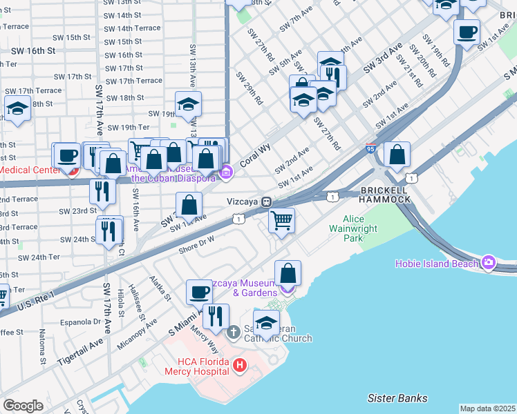 map of restaurants, bars, coffee shops, grocery stores, and more near 349 M-Path in Miami
