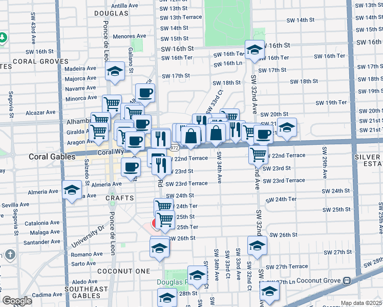 map of restaurants, bars, coffee shops, grocery stores, and more near 3590 Coral Way in Coral Gables