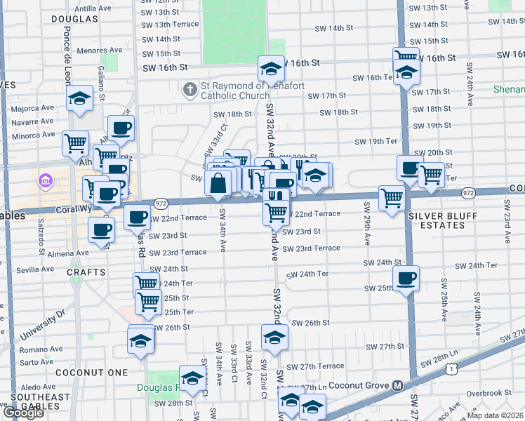 map of restaurants, bars, coffee shops, grocery stores, and more near 3240 Southwest 22nd Terrace in Miami