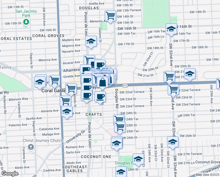 map of restaurants, bars, coffee shops, grocery stores, and more near 1 Andalusia Avenue in Coral Gables