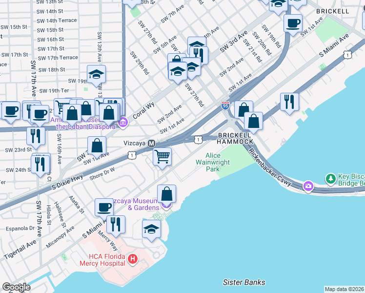 map of restaurants, bars, coffee shops, grocery stores, and more near 25 Southwest 31st Road in Miami