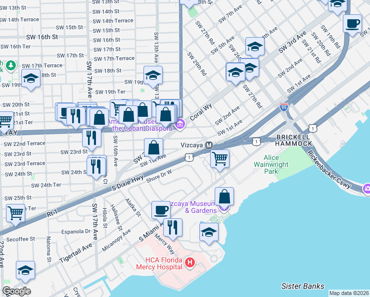map of restaurants, bars, coffee shops, grocery stores, and more near 3377 Southwest 1st Avenue in Miami