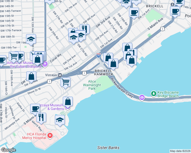 map of restaurants, bars, coffee shops, grocery stores, and more near 2780 Brickell Court in Miami