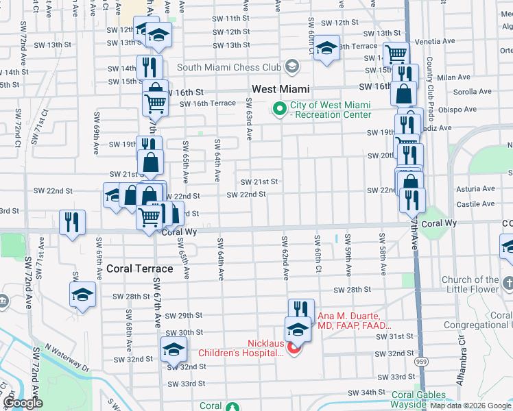 map of restaurants, bars, coffee shops, grocery stores, and more near 2306 Southwest 62nd Court in Miami